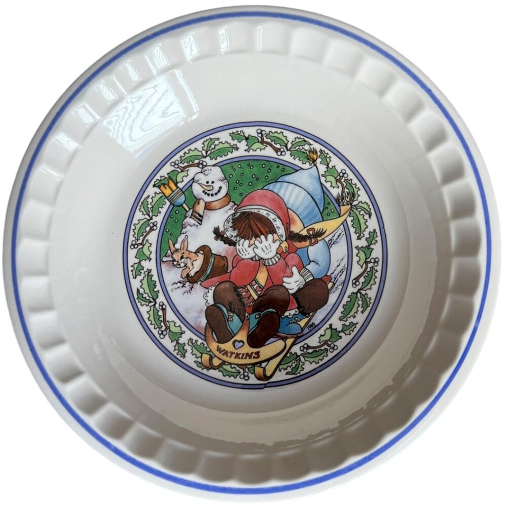 Vtg 1989 WATKINS Country Kids "Snow Magic" Ceramic Recipe Pie Plate 10.75" D